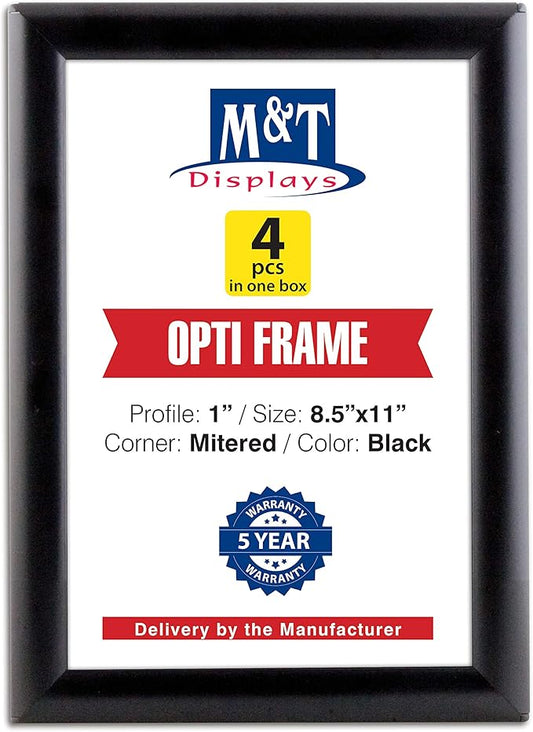 M&T Displays Opti Snap Poster Frame 8.5x11 Inch Black 1" Aluminum Profile Front Loading Wall Mounting Photo Picture Document Certificate Sign Holder Mitered Corner Anti Glare Cover (4 pack)
