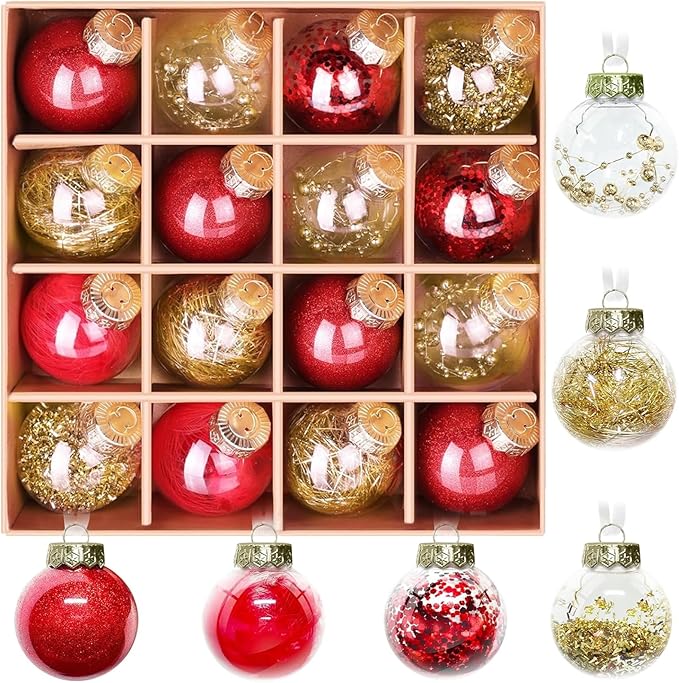 DeckTheHalls Christmas Ball Ornaments Set, 16-Piece Clear Xmas Decor for Crafts, Reusable DIY Festive Tree Decorations, Easy Hang Unbreakable Ornaments for Holiday, Party, Wedding (Red & Gold)