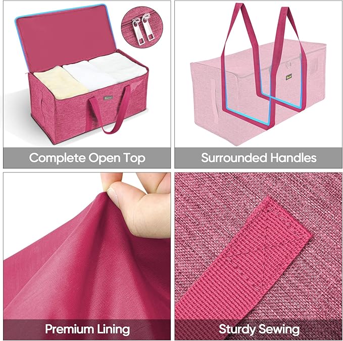 BALEINE Extra Large Storage Tote with Zippers & Carrying Handles, Heavy-Duty Oxford Fabric Moving Bags for Laundry, Space Saving, Storage, 2-Pack, Berry Red