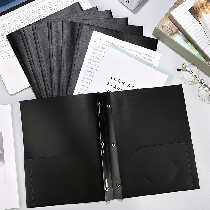 Patelai 48 Pcs Plastic Folders with 2 Pockets and 3 Prongs Home Folders with Card Slot Letter Size Heavy Duty Report Covers for Back to School(Black,Classic)