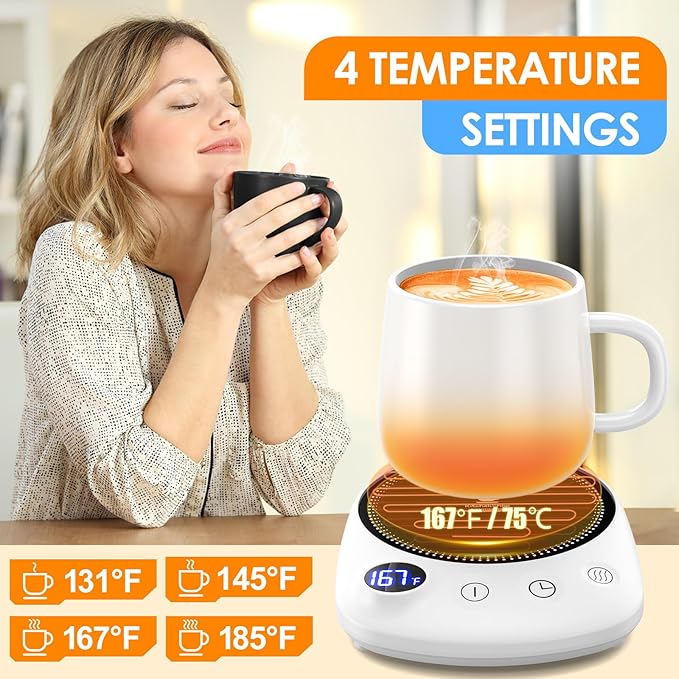 Coffee Mug Warmer - Fastest Heating & Highest Temperature, Coffee Cup Warmer for Desk Auto Shut Off, 4 Temp Settings & 1-12H Timer, Smart Electric Beverage Warmer for Coffee Candle (White)