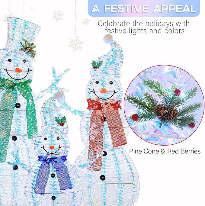 Hykolity 3.5 FT 3D Lighted Outdoor Iridescent Christmas Snowman Family, 3-Piece Lighted Snowman Set with 180 LED Lights, Ground Stakes, Zip Ties for Holiday Decoration