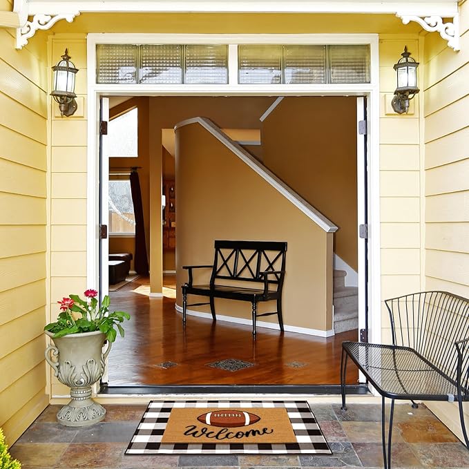 2 Pcs Football Front Porch Rug Buffalo Plaid Football Door Mat Imitation Coco Coir Football Welcome Layering Rug for Outdoor(Black and White 1,28 x 43 Inch,Football)