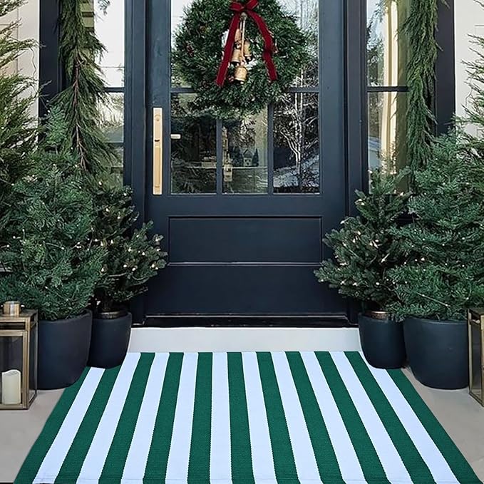 CAINANEL Christmas Outdoor mat 27.5"x43" Green and White Striped Outdoor Rug Front Porch Rug,Christmas Home Decor, Layerd Welcome Doormat for Front Porch Decor, Front Door, Farmhouse Decor