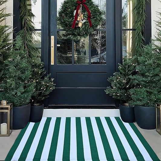 CAINANEL Christmas Outdoor mat 27.5"x43" Green and White Striped Outdoor Rug Front Porch Rug,Christmas Home Decor, Layerd Welcome Doormat for Front Porch Decor, Front Door, Farmhouse Decor