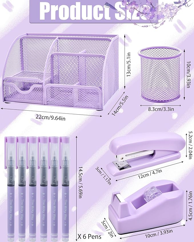Purple Desk Accessories, 26Pcs Office Supplies and Desk Organizers, with Tape Dispenser, Stapler, Staple Remover Ect, Christmas Gifts