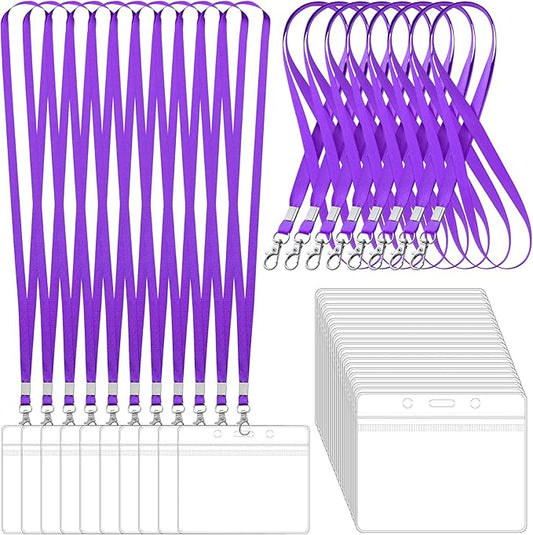 100 Pack Lanyards for ID Badges with Clear Name Tags, Reusable Lanyards Horizontal ID Card Badge Holders Plastic Name Badges for Men Women Kids Business School and Office Supplies (Purple)