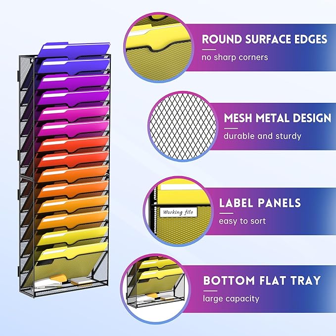 15-Tier Wall File Organizer, Hanging Wall File Holder for Papers, Folders, Magazines, Mesh Mail Holder Magazine Rack for Office Home Classroom, Black
