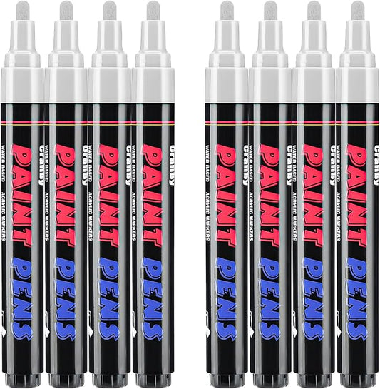White Paint Pens Paint Markers - 8 Pack Permanent Quick Dry Waterproof Marker Pens for Rocks Wood Fabric Plastic Canvas Glass Mugs Metal Tire Stone
