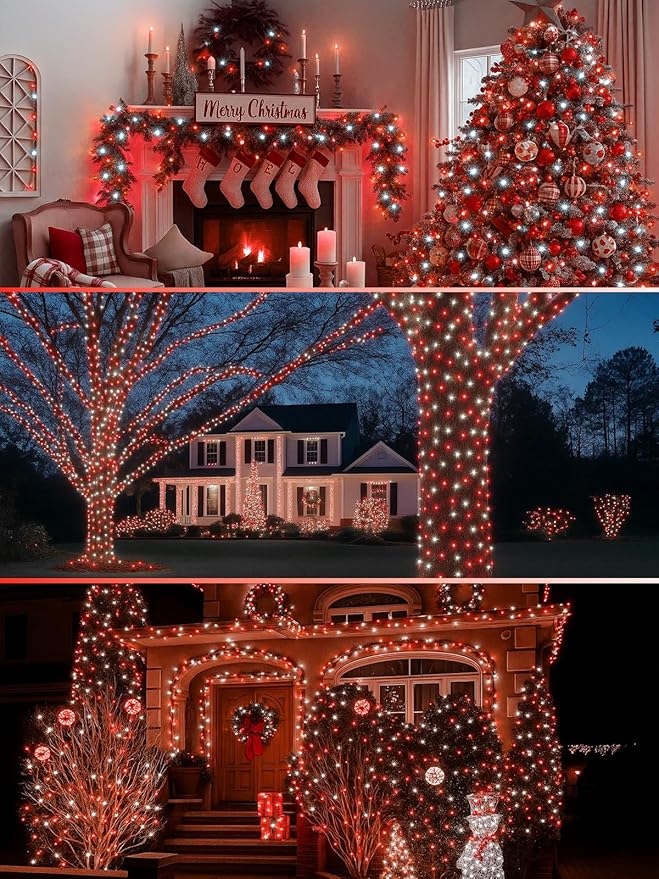 2-Pack 66FT 200 LED Christmas Lights, 13 Modes Extendable Christmas Tree Lights with Timer & Memory, Waterproof Twinkle Fairy Lights Green Wire Outdoor String Lights Indoor for Xmas Tree (Red White)