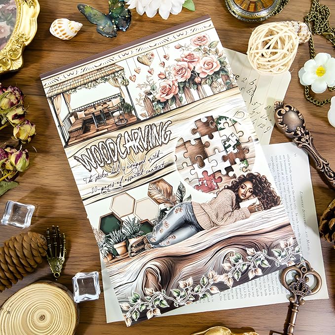 Snycler Woodcarving Theme Sticker Scrapbooking Supplies for Junk Journal, 20 Sheets PET Stickers - Vintage Journaling Stickers, Ephemera Sticker Book Pre Cut, Planner, Junk Journal Supplies