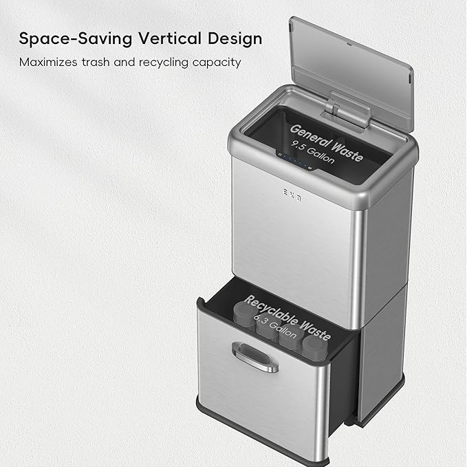 EKO Vintage 50L / 13.2 Gallon Motion Sensor Trash Can, Dual Compartment 32L + 18L Stainless Steel Kitchen Garbage Bin, Touchless Automatic Waste & Recycling Bin with Lid for Home or Office