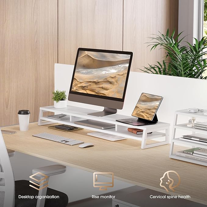 Fenge Dual Monitor Stand for Desk, 42.5in Large Monitor Riser for 2 Monitors, 2 Tier Computer Office Desk Top Shelf, Desktop Storage Stand for Laptop, PC, Computer, Printer