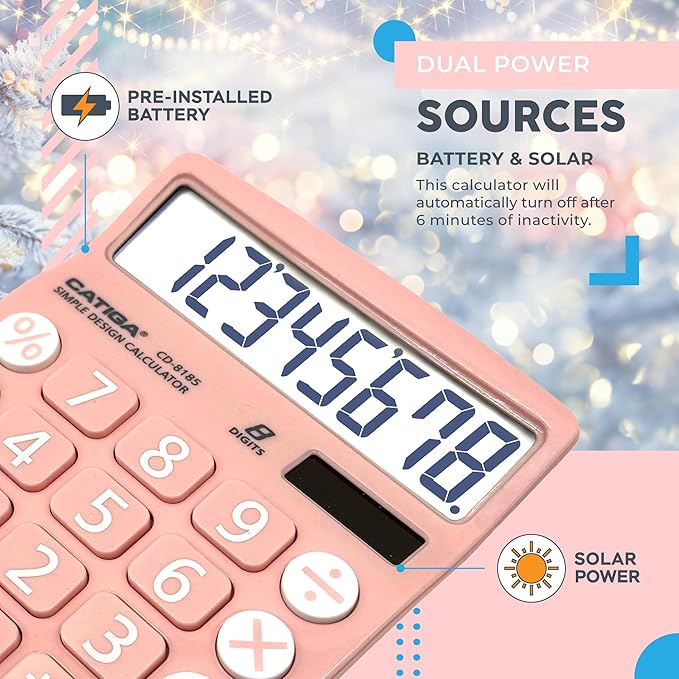 CATIGA Desktop Calculator 8 Digit with Solar Power and LCD Display, Big Buttons, for Home, Office, School, Class and Business, 4 Function Small Basic Calculators for Desk, CD-8185