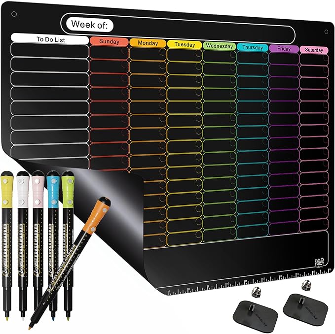 MAG-FANCY Magnetic Dry Erase Calendar for Refrigerator Weekly Chore Chart Schedule Planning Board 6 Fine Tip Wet EraseMarkers & Mounts for Wall Hanging Black