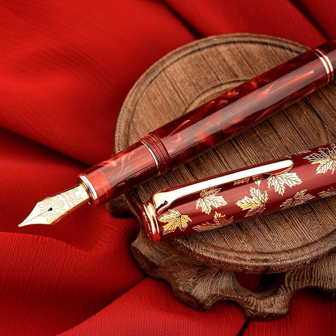 Hongdian N8 Fountan Pen, Iridium Fine Nib, Rose Gold Trim Maple Leaf Carving Cap Red Acrylic Resin, Smooth Writing Pen with Converter and Metal Pen Box Set