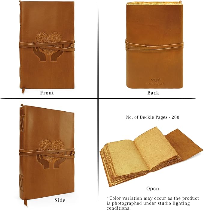 LUXEORIA Heart Journal for Women and Men, Handcrafted Leather Journal for Writing Womens, Sketchbook, Travel Diary with Unlined Deckle Paper, Camel Brown 8x13