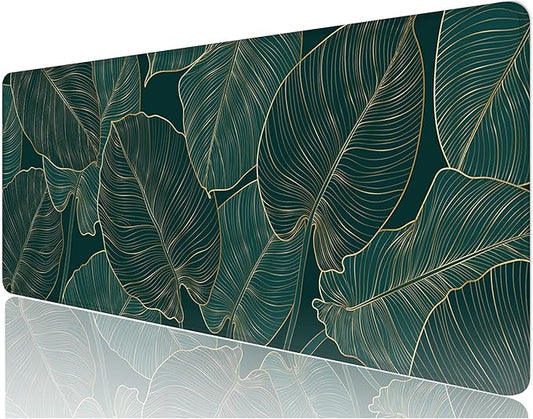 Desk Mat, 32" x 12" XXL Extended Large Gaming Mouse Pad, Desktop Decor Desk Pad, Cute Men Women Office Supplies and Accessories, XL Mouse Mat for Laptop & Keyboard, Teal Tropical Leaves
