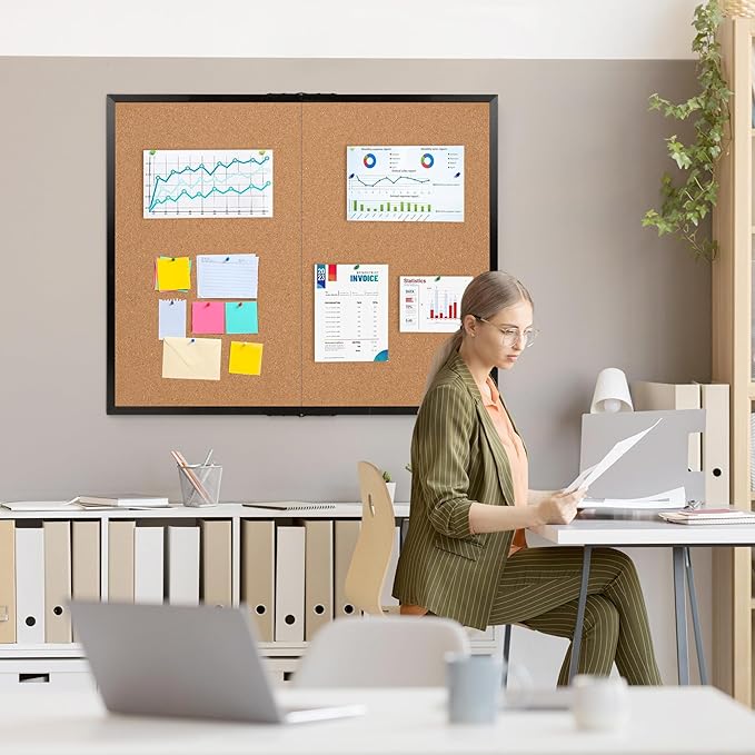 Board2by Extra Large Cork Bulletin Board 48" X 48", Foldable Notice Pin Board for Wall, Black Wood Framed 4'x4' Corkboard, Wall Mounted Noticeboard with 32 Push Pins for School, Home & Office