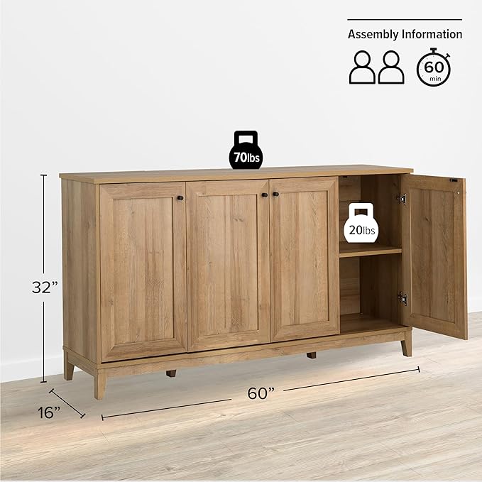 Prepac Yaletown 4 Panel Door Console Table with Storage, Oak Storage Cabinet with Doors and Shelves, Sideboard Storage Cabinet 60" W x 32" H x 16" D, OCBG-2220-1