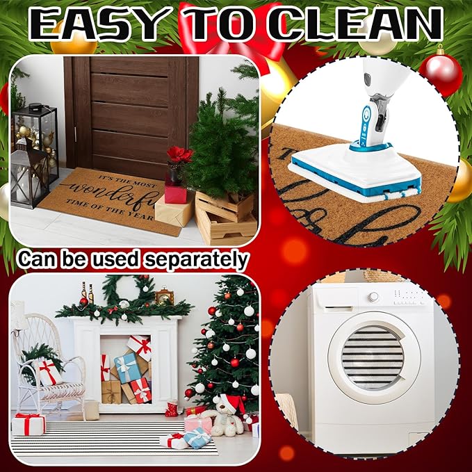 2 Pcs Christmas Coir Welcome Doormat Christmas Rug Outdoor Layered Buffalo Plaid Black and White Mat Stripe Mat for Xmas Front Porch Entryway Outdoor