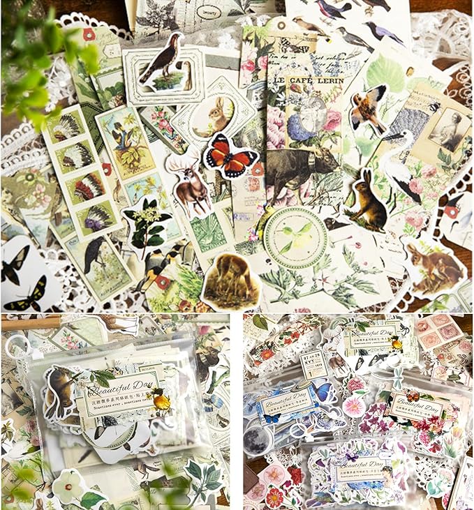200PCS Vintage Scrapbooking Supplies Pack, Aesthetic Scrapbook Sticker Paper Art Journaling Kit for Bullet Junk Journals,Planner,Cottagecore Decor Gifts (Green Series)