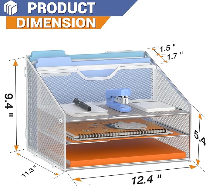 Letter Tray Organizer, Mesh Desk File Organizer with 3 Paper Trays and 2 Vertical Upright Section (Silver)