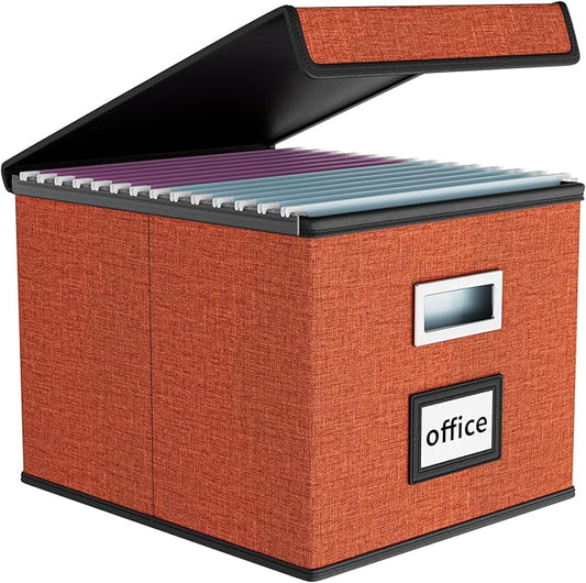 Huolewa Portable File Organizer Box with Lid, Large Linen Hanging Office Document Storage Box with Lid, Collapsible Filing&Storage Box for Office/Decor/Home - 14.9 x 12.7 x 10.8 inch