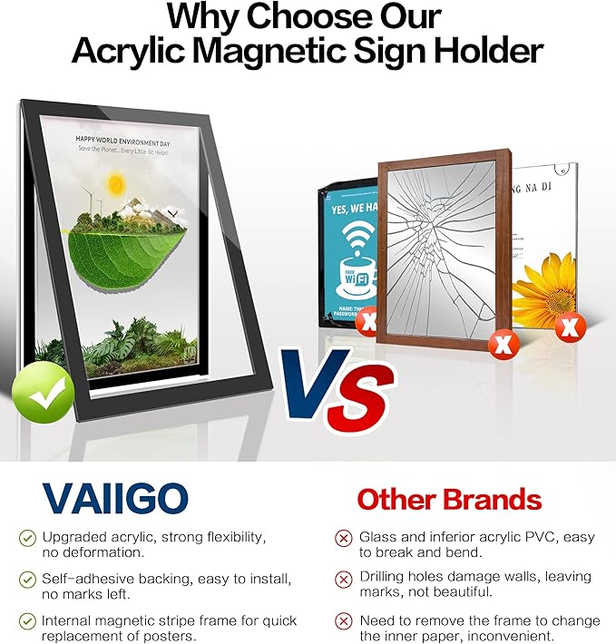 8.5" x 11" Acrylic Sign Holder Wall Mount, Self-Adhesive Magnetic Display Frame with Nano Tape and Strong Magnetic Border for Wall, Door, Glass, Home, Store, Office (Black, 3Pack)