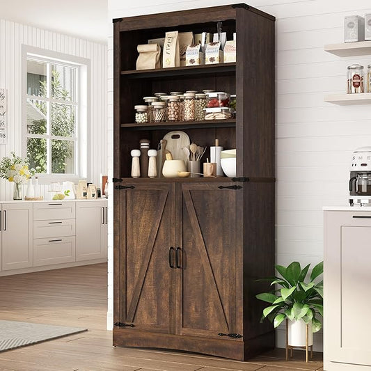 71in Farmhouse Kitchen Pantry Cabinet,Tall Storage Cabinet with 2 Doors and Adjustable shelves,with Load-Bearing Steel Pipe,Wood Storage Cabinets for Kitchen,Dining Room,Bathroom(Brown)