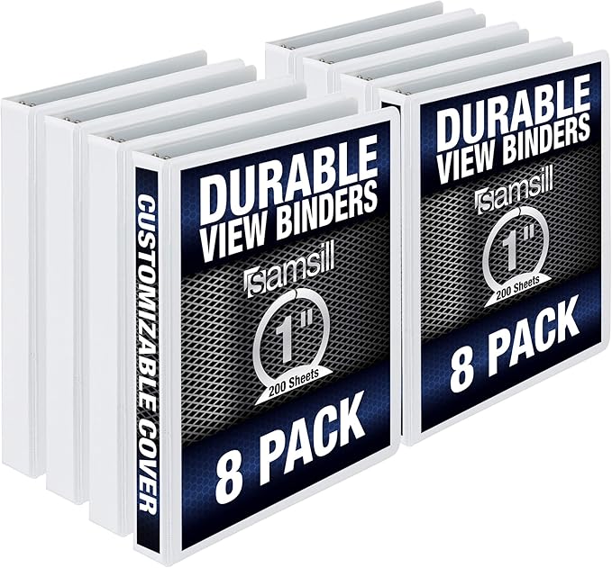 Samsill Durable 1 Inch Binder, Made in the USA, Round Ring Customizable Clear View Binder, White, 8 Pack (S88437)
