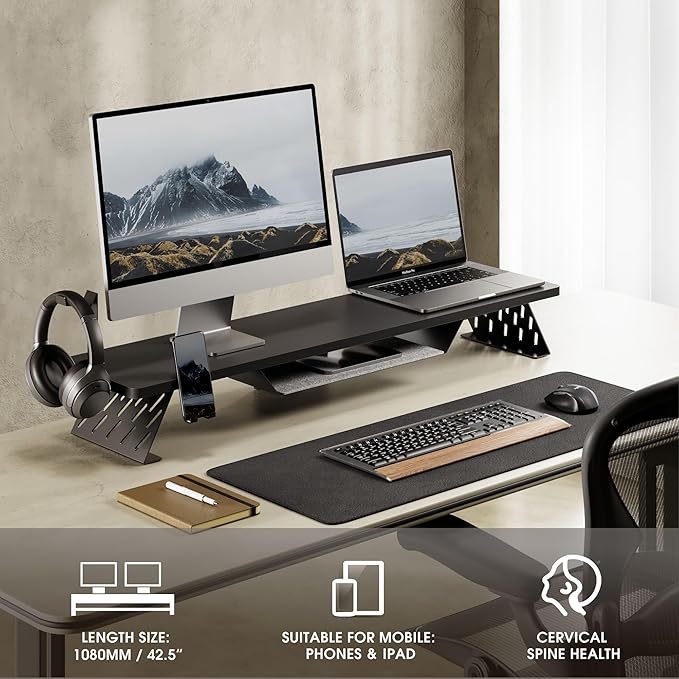 Fenge Dual Monitor Stand, 42.5 Inch Monitor Riser for Desk, Wood Desk Shelf for 2 Monitors, 2 Tier Monitor Shelf with Headphone Stand & Phone Holder