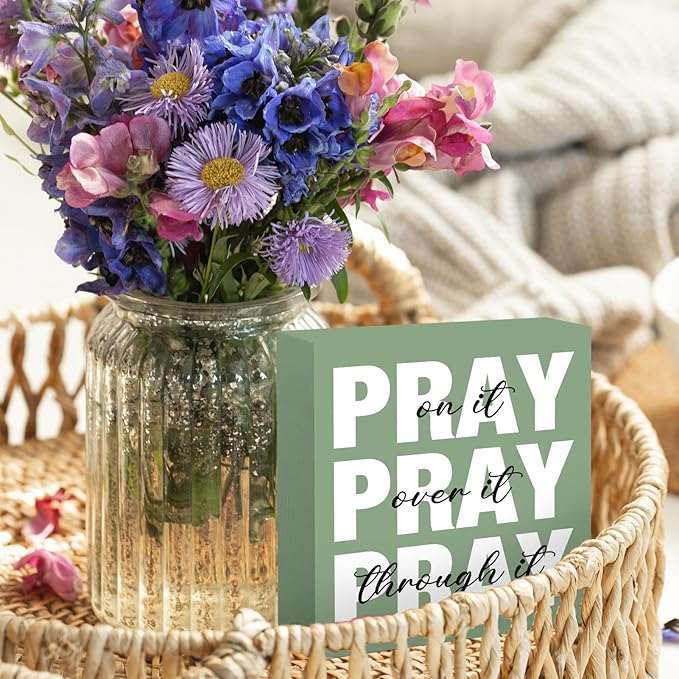 Sage Green Office Desk Accessories Decor Sign Inspirational Green Wooden Box Gift for Women - Pray on It Wooden Plaque for Christian - Bible Verse Wall Art