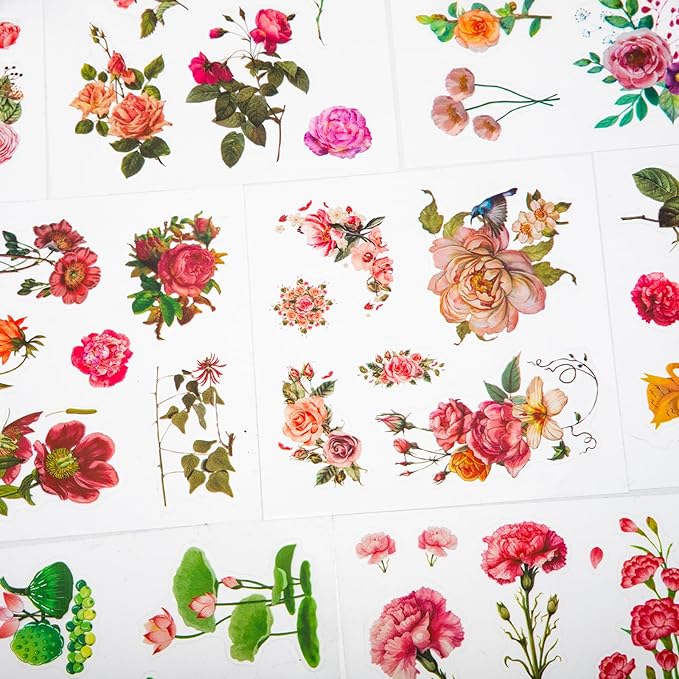 Pink Flower Theme Sticker Scrapbooking Supplies for Junk Journal 50 Sheets, Include 25 PET Stickers and 25 Paper of Scene Material Paper - Vintage Journaling Stickers (TZ-006-005)