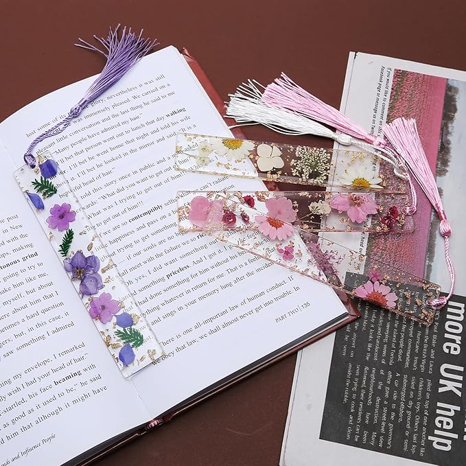 Dried Flower Bookmarks with Tassels, Kaluofan 4PCS Bookmarks for Women, Durable Handmade Dried Flower Resin Bookmarks, Pretty and Increase Reading Interest, (FB04)