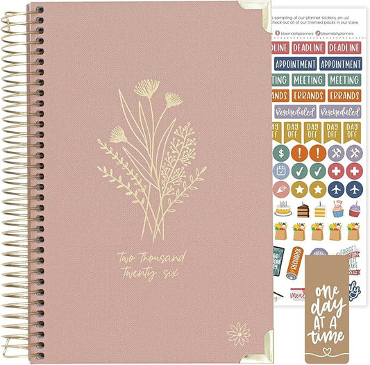 bloom daily planners HARDCOVER 2026 Planner (January to December) - A5 Task Goal Organizer - Monthly & Weekly Inspirational Agenda Book - 5.5" x 8.25" - Linen, Pink