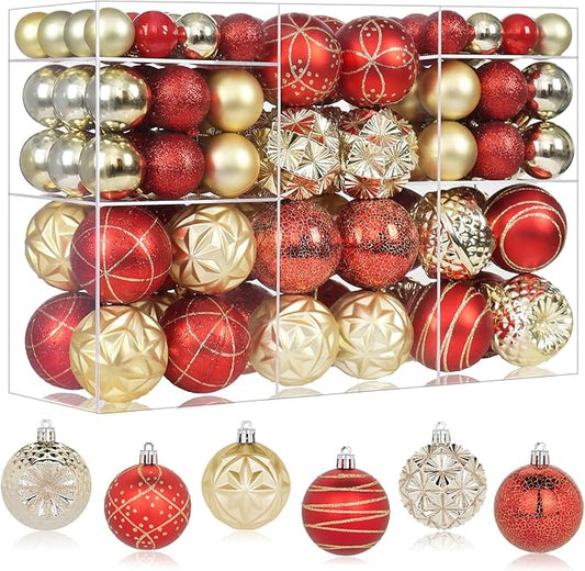 100ct Red and Gold Christmas Ornaments Set, Shatterproof Christmas Decorations for Tree Elegant Plastic Xmas Ball Ornaments with Assortment of Designs and Size for Holiday Party Deco (Red & Gold)
