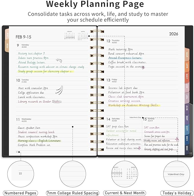 RETTACY 2026 Planner, Weekly and Monthly, Medium Size (5.7" x 8.3"), Jan - Dec 2026, Agenda, Calendar, 12 Month Tabs, Flexible Plastic Cover, 100 GSM Thick Paper, Spiral-bound (Black)