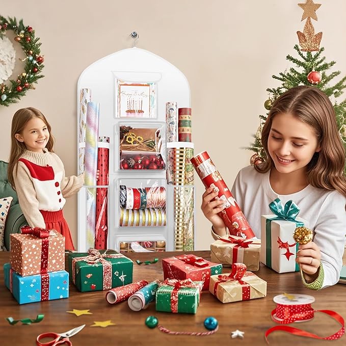 Hanging Gift Wrapping Paper Storage, 48x24 (Extra Large) White Double-Sided Christmas Wrapper Bag Container, Oxford Long Craft Roll Organizer, Present Wrap Holder for Closet, Door