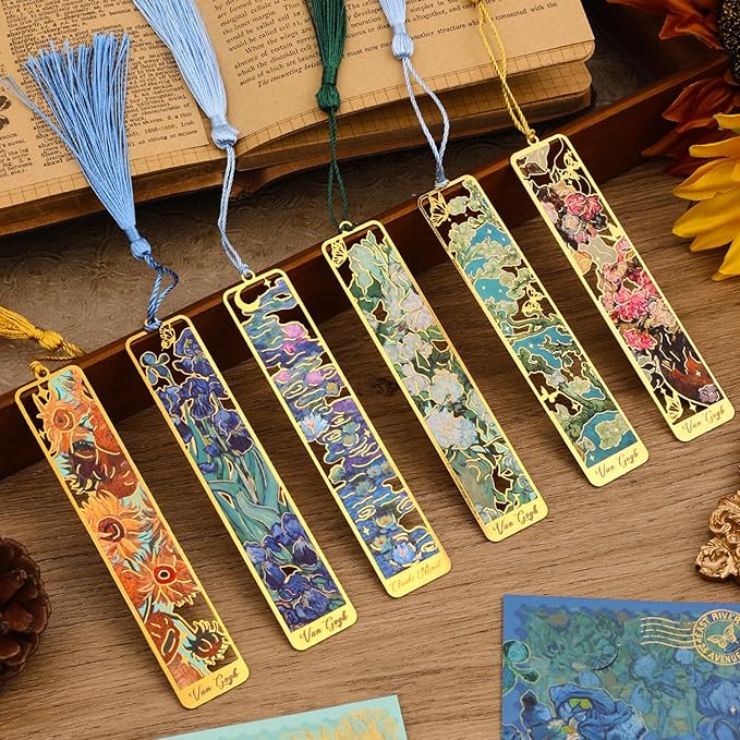 6 Pieces Metal Bookmarks with Tassel, Golden Hollow Bookmark Oil Painting Theme Book Mark Bookmarks for Book Lovers Writers Readers Children Teens Men Women Adults