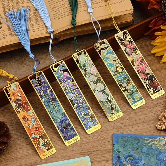 6 Pieces Metal Bookmarks with Tassel, Golden Hollow Bookmark Oil Painting Theme Book Mark Bookmarks for Book Lovers Writers Readers Children Teens Men Women Adults