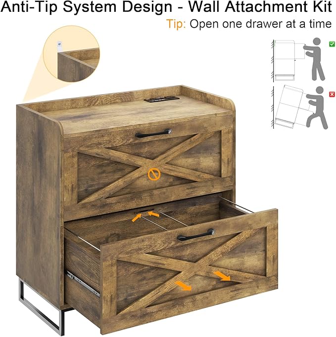 File Cabinet 2 Drawers Lateral File Cabinet with Charging Station for Letter/Legal/A4 Size Hanging Files, Large Wood File Storage Cabinets Printer Stand for Home Office, Brown