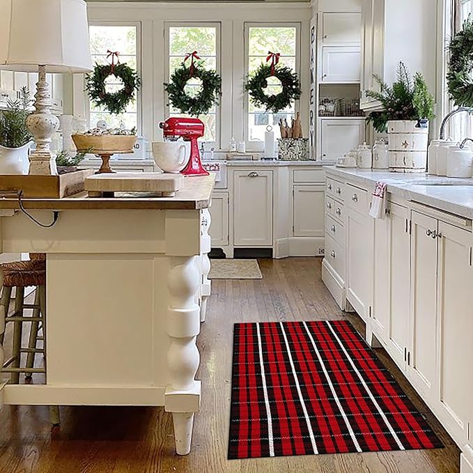 Buffalo Plaid Outdoor Rug Christmas Door Mat Christmas Decor Welcome Rug Cotton Hand-Woven Layered Door Mats for Front Porch, Kitchen, Farmhouse, Entryway (27.5"x43", Red/Black/White)