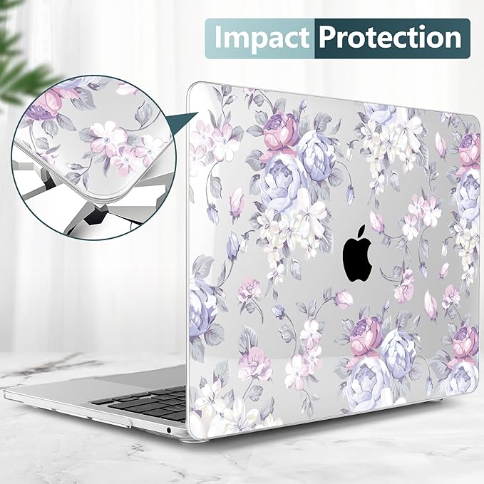 TWOLSKOO Compatible with MacBook Pro 13 inch Case 2023-2016 A2338 M2/M1 A2251 A2289 A2159 A1989 A1706, Plastic Hard Shell Cover & Keyboard Skin & Screen Protector, Purple Peony