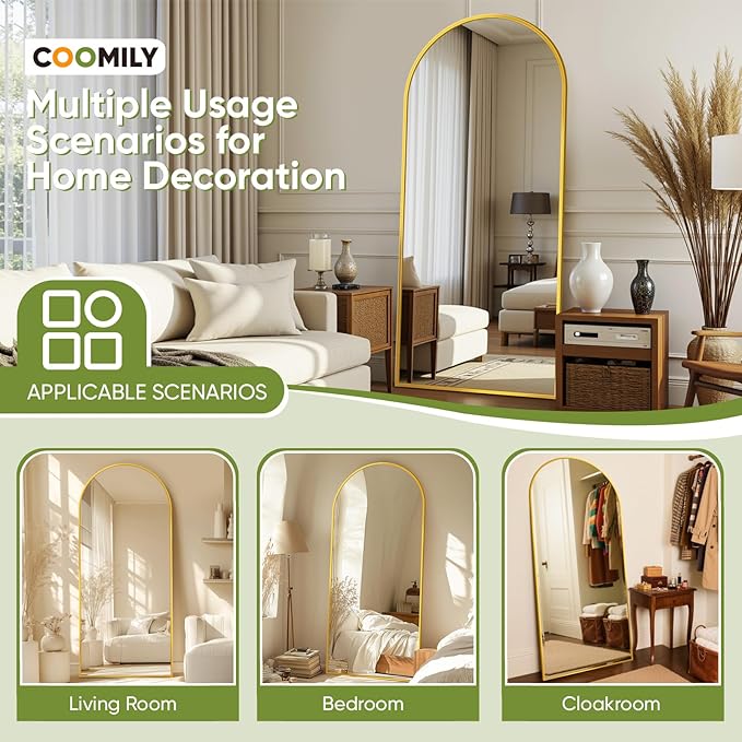 Full-Length Floor Mirror with Stand, 68"x26" Arched Style Full Body Standing Mirror for Bedroom, Living Room, Gym, Dorm - Shatter-Resistant & Easy Assembly, Gold