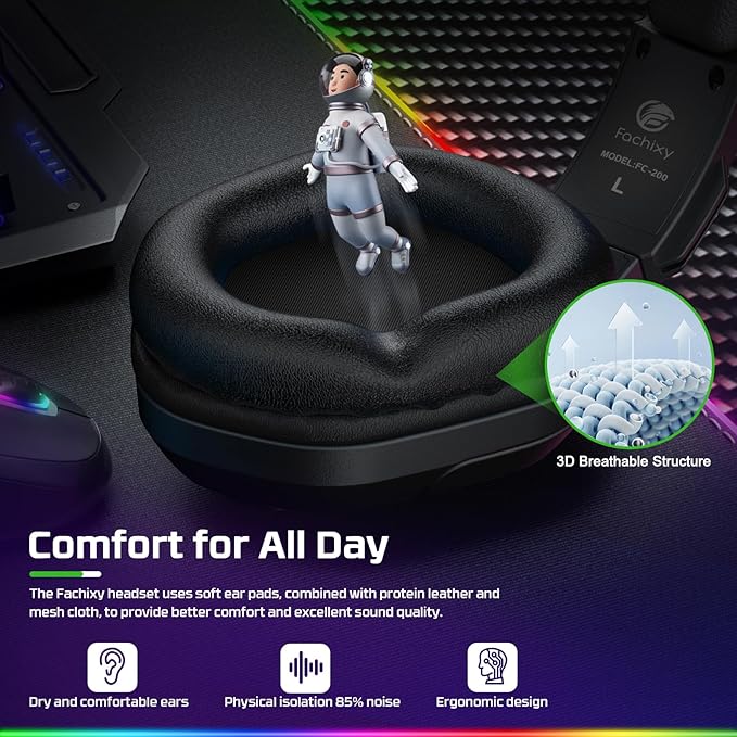 Fachixy FC200 PC Gaming Headset for PS4, PS5, Switch, Xbox One, Mac, Noise Canceling Headphones with Microphone, Computer Headset with 3.5mm Jack & RGB Light