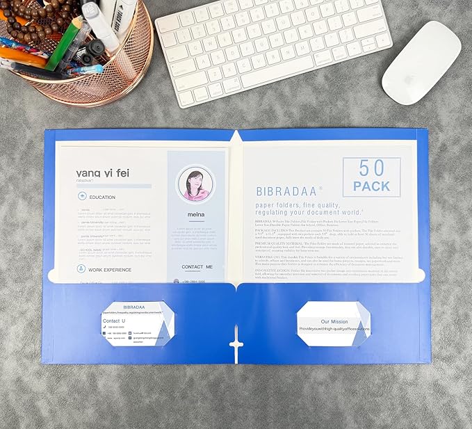 BIBRADAA® 50 Packs Blue Paper Folders with Pockets,Paper Folder Surface with Waterproofing,Letter Size,Holds 100 Plus Sheets,for School,Office,Business.(50, Dark Blue)