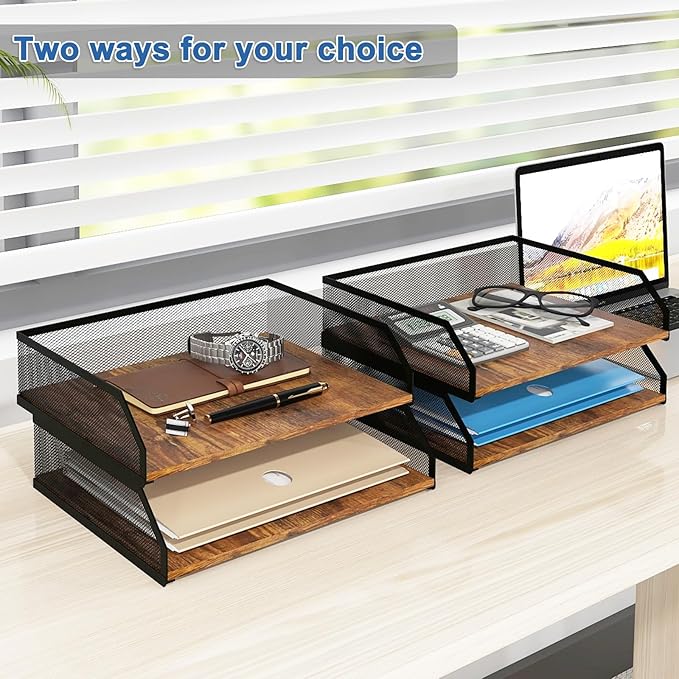 Natwind 2-Tier Stackable Paper Tray, Metal Mesh Desktop Organizer, Paper Sorter, Letter Trays,File Document Storage Rack for for Home, Office, School (Retro)
