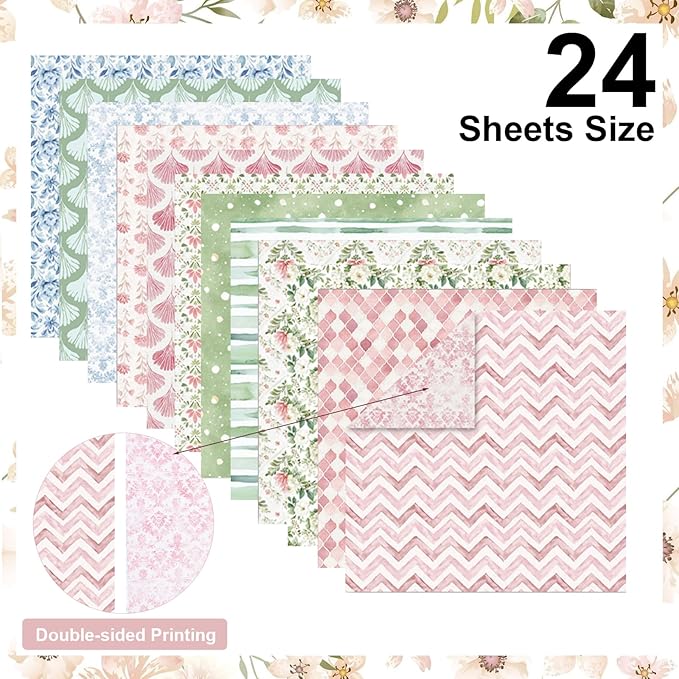 24 Sheets Scrapbook Paper 12x12 inch, Boho Patterned Scrapbooking Paper, Double Sided Decorative Craft Papers for Holiday Birthday Wedding Baby Shower Card Making Photo Album Decor
