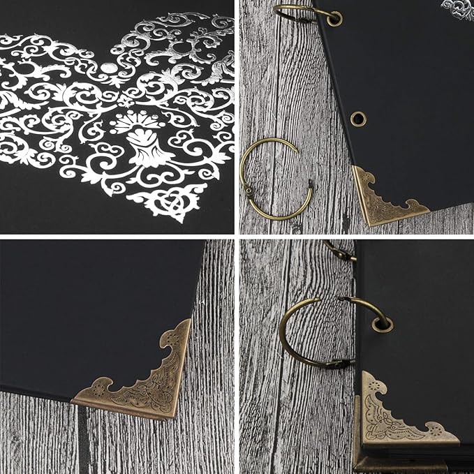 Photo Album DIY Scrapbook, 10x10 inch 50 Pages Double Sided, Vintage Hardcover Three-Ring Binder Picture Booth Albums with 6 Colors 408pcs Self Adhesive Photos Corners for Memory Keep (Black)